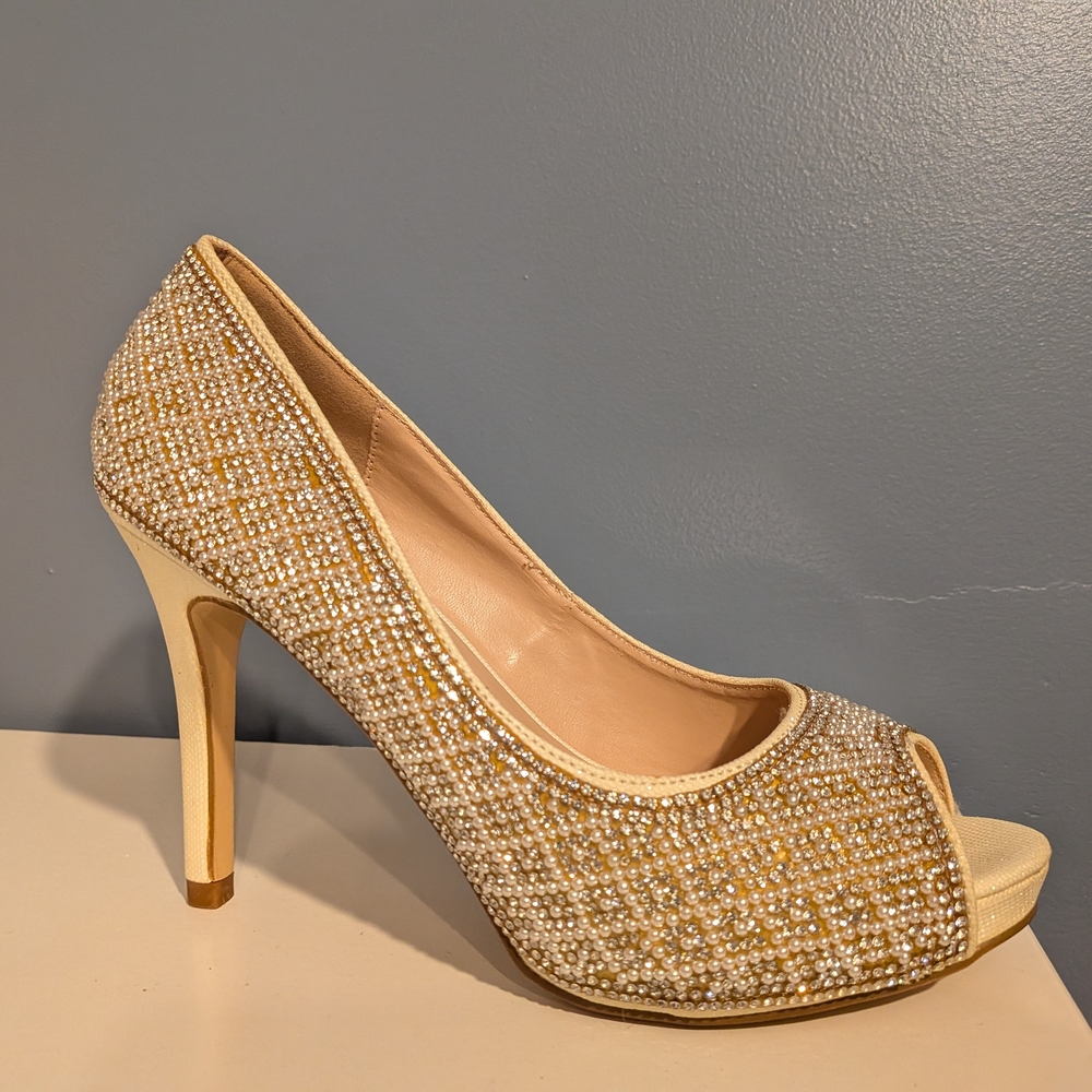 De Blossom Collection Gold Rhinestone Peep-Toe Heels